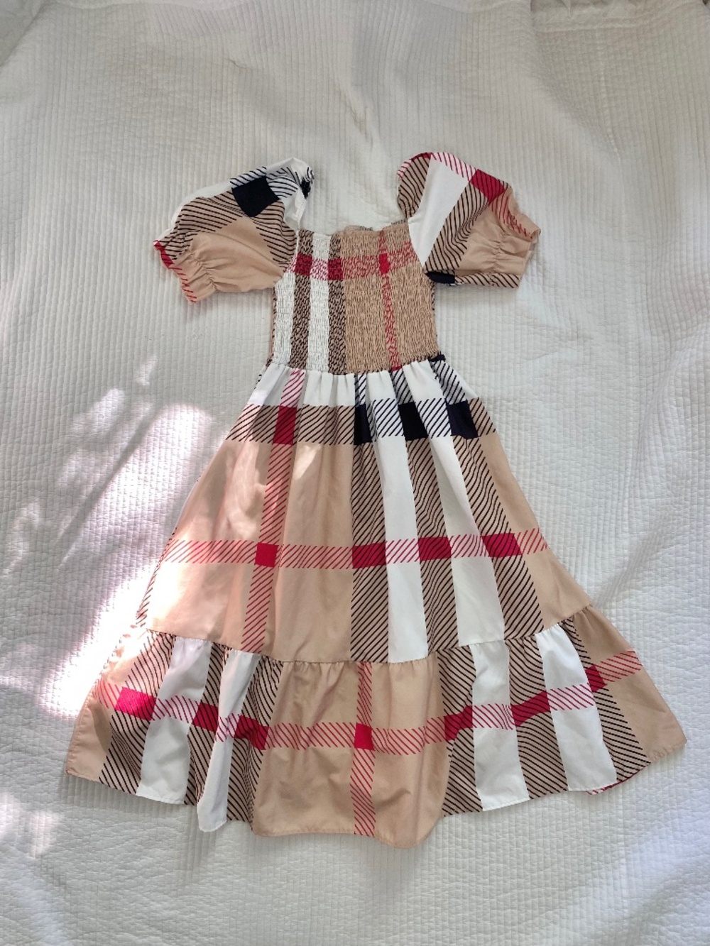 beige plaid smocked maxi dress